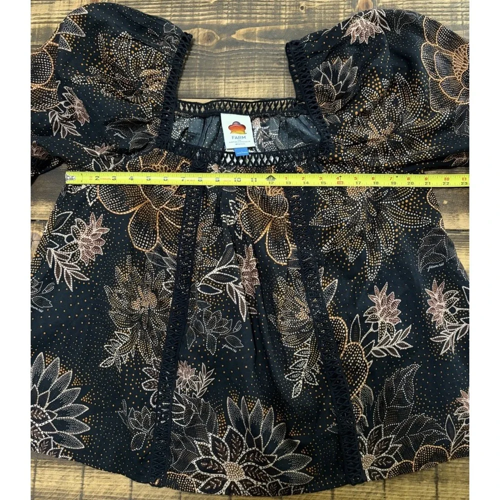 NWT FARM Rio x Anthropologie Floral Puff Sleeve Cotton Blouse Black Size L